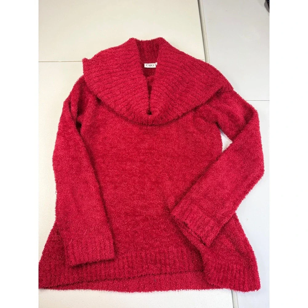 Cato Red Fuzzy Chenille Cowl‎ Neck Long Sleeve Sweater L - Picture 2 of 7